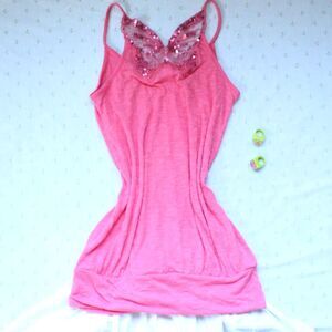 No Boundaries Y2K Butterfly Tank Top Size M Pink Sequin Embellished Spaghetti